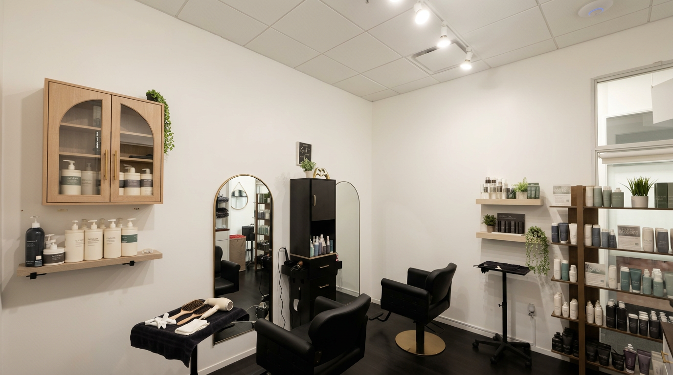 BLOOM Hair Co. private studio with salon chairs, mirrors and professional hair color products
